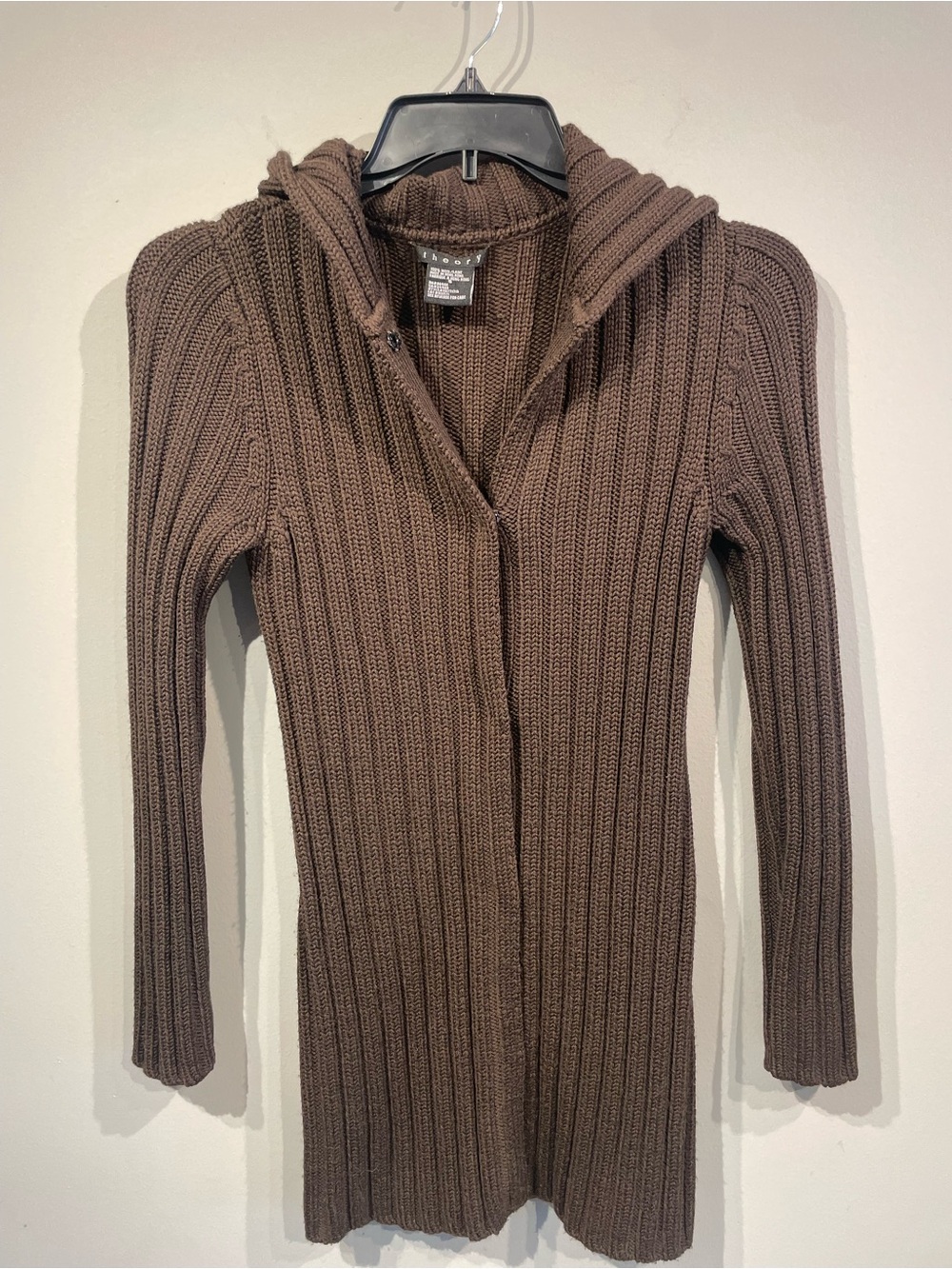 Theory Brown Ribbed Hooded Longline Cardigan Size S